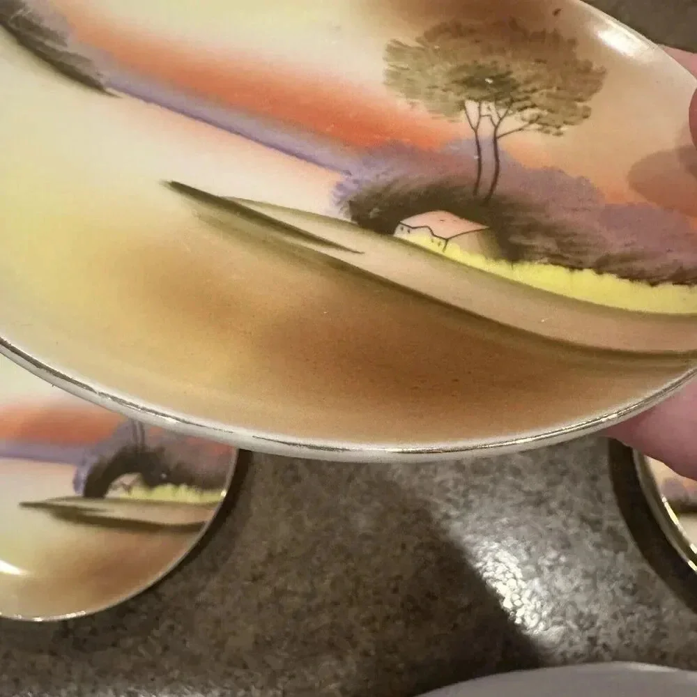 Vintage Hand Painted Made In Japan Plate Set Outdoor House Tree 6”